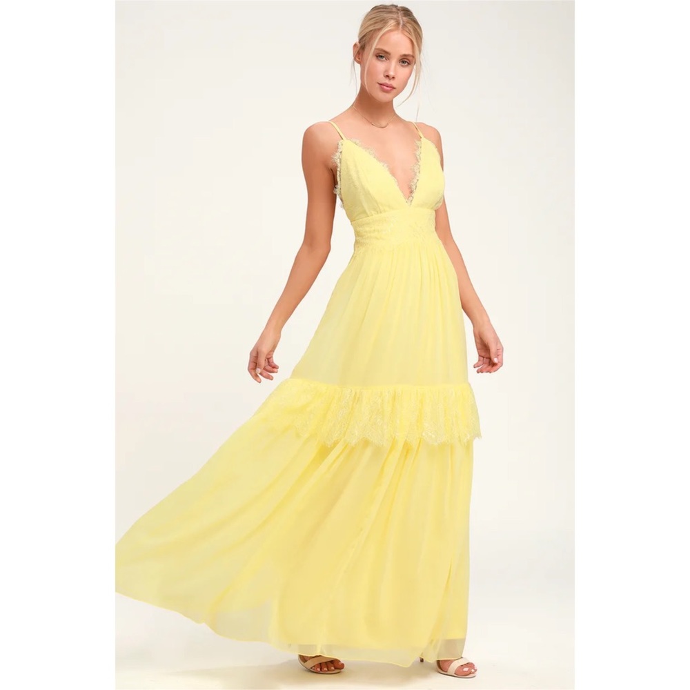 Lulu’s Dream About Me Pale Yellow Lace Maxi Dress